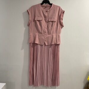 Shein Curve Pink Pleated Dress Button Front Cap Sleeve Plus Size with belt 4XL